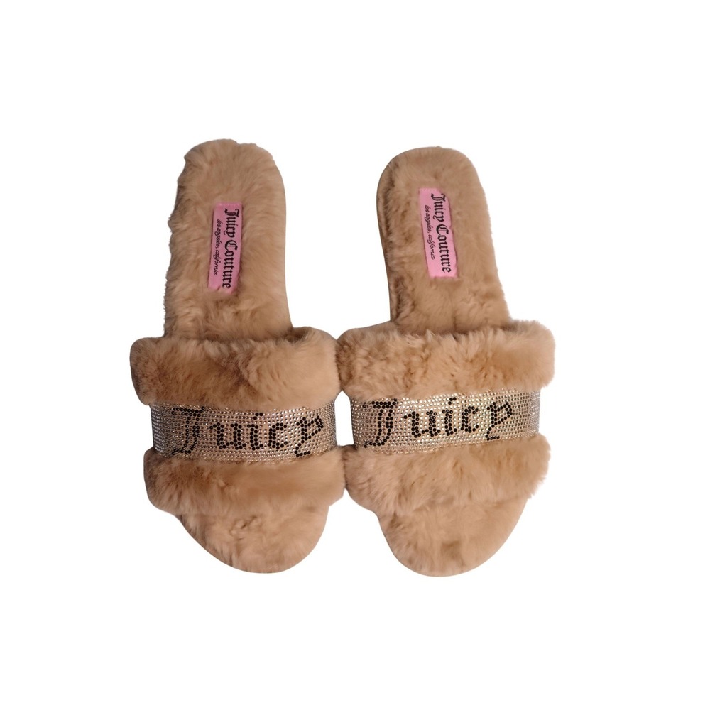 Juicy Couture Gravity 2 Faux Fur Rhinestone Slide Slippers Beige Size XL